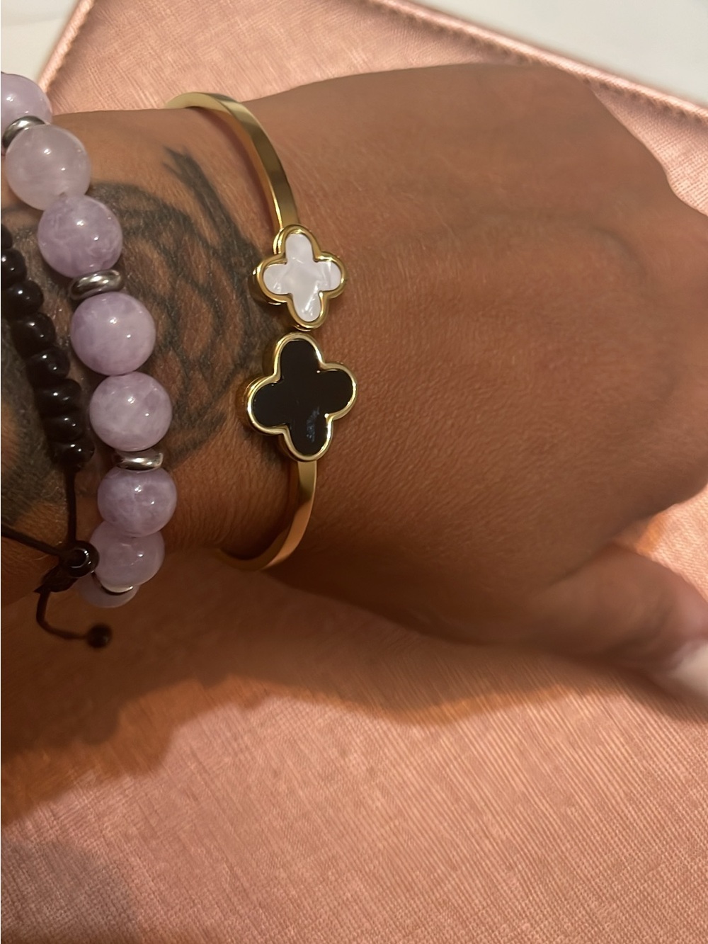 Unk Gold Clover Bangle with Black and White Accents